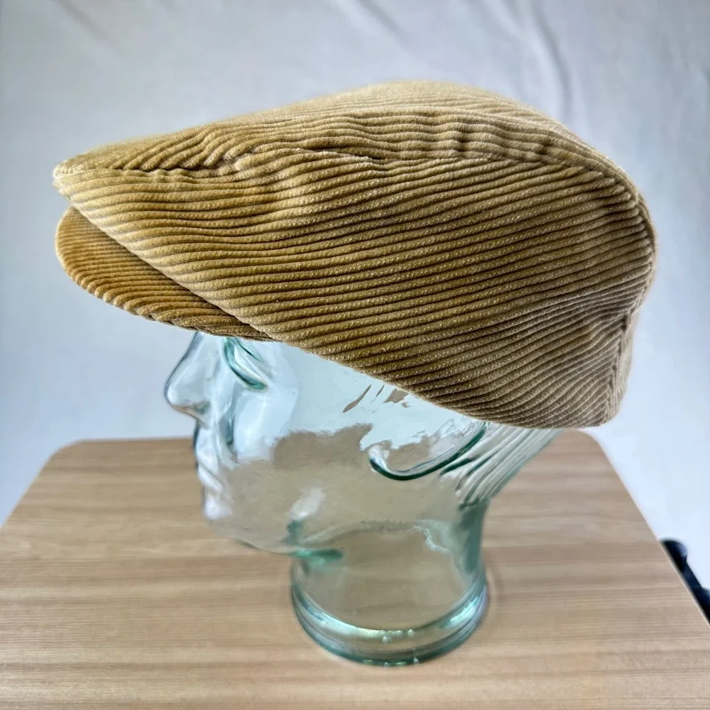 VTG Unbranded Driving Cap Mens Tan Beige Corduroy Snap Flat Hat Medium USA Made